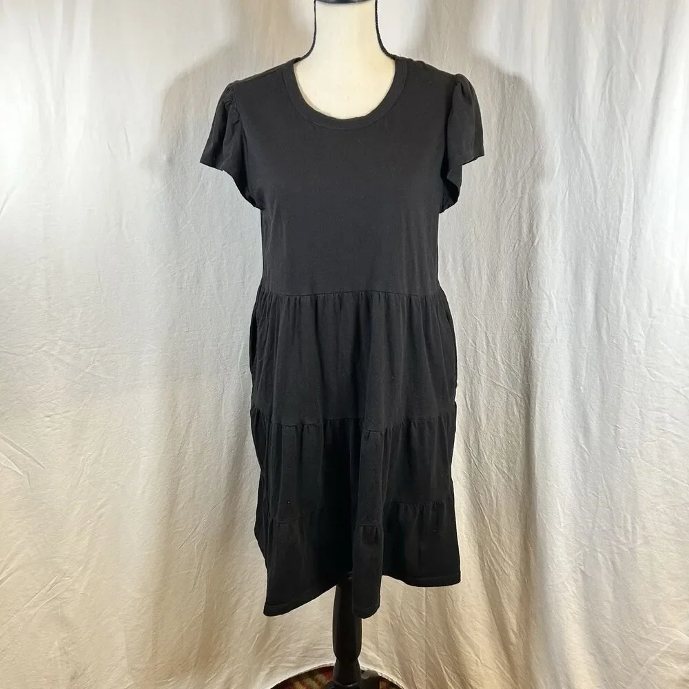 Time and Tru Dress Black Soot Tiered Cotton Casual Short Sleeve Pockets Size M